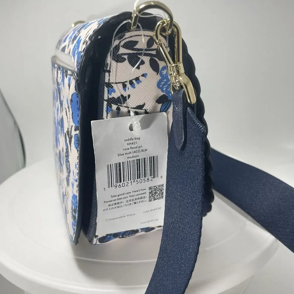 Kate Spade Madison Peacock Floral Printed Saddle Bag Blue Adjustable Strap - Picture 2 of 7